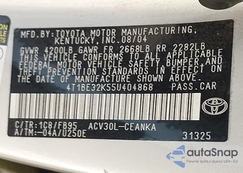 2005 Toyota Camry Le z USA, uszkodzony, nr VIN 4T1BE32K55U404868